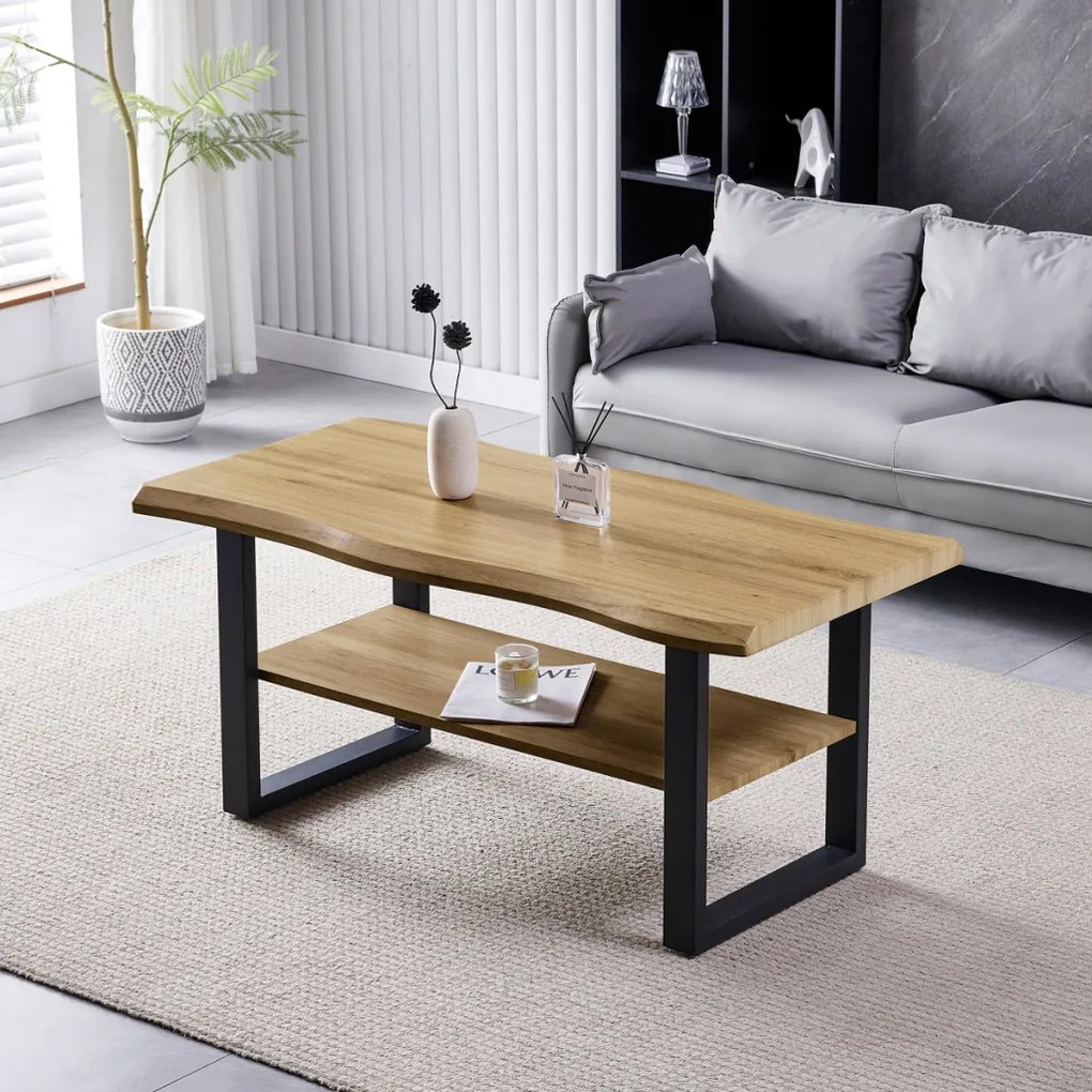 Măsuță de cafea 120x60x55 cm, blat MDF, decor stejar salbatic, metal, raft, picioare negre