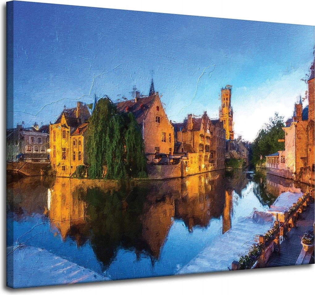 Vászonkép Folyó Város Este Olaj Stílus 100x80 cm