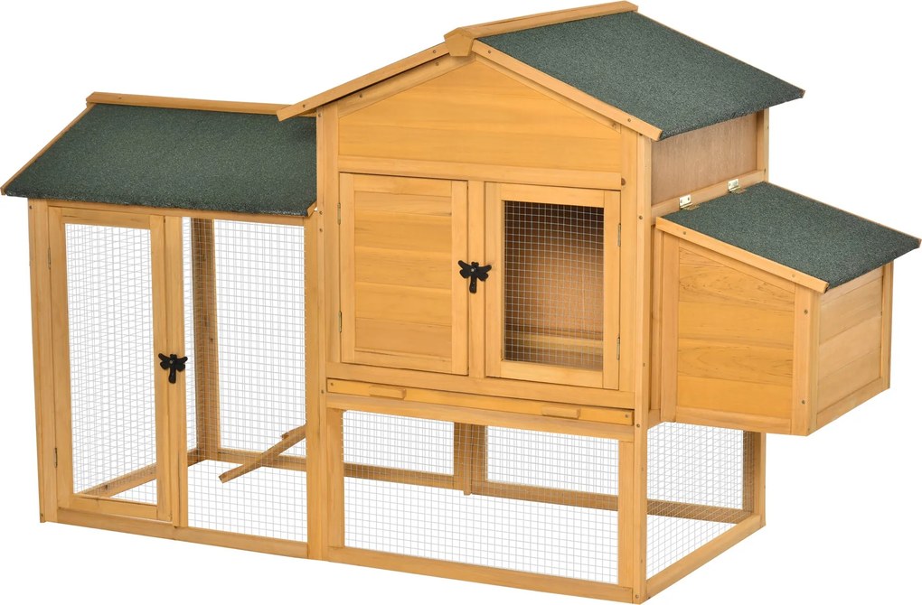 PawHut Tyúkól házzal és nyitott területtel, tojásgyűjtő doboz nyitható tetővel és dróthálóval, Sárga fából készült tyúkól, 168x75x103cm | Aosom