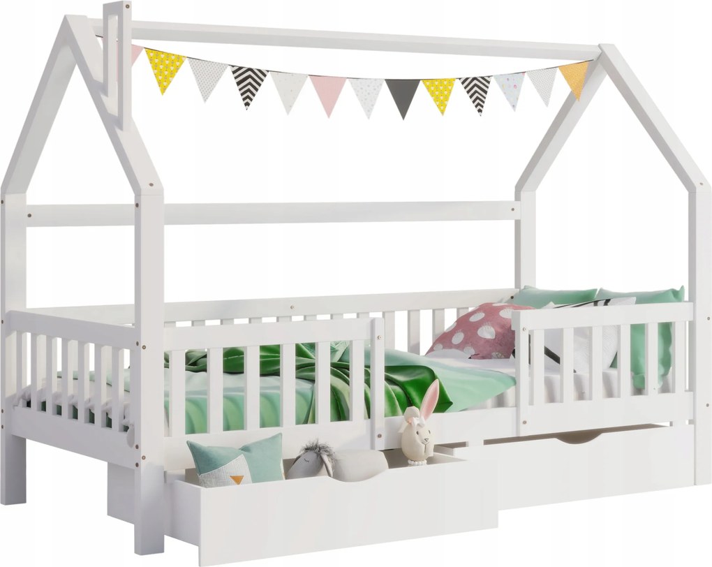 gyerekágy fenyő 90x200cm Két tároló fiók fehér