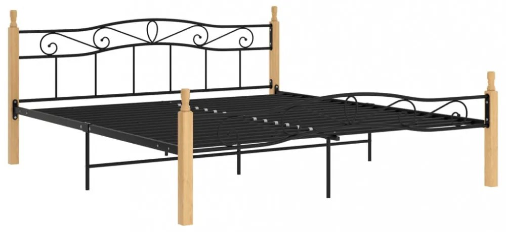 fekete fém és tömör tölgyfa ágykeret 200 x 200 cm