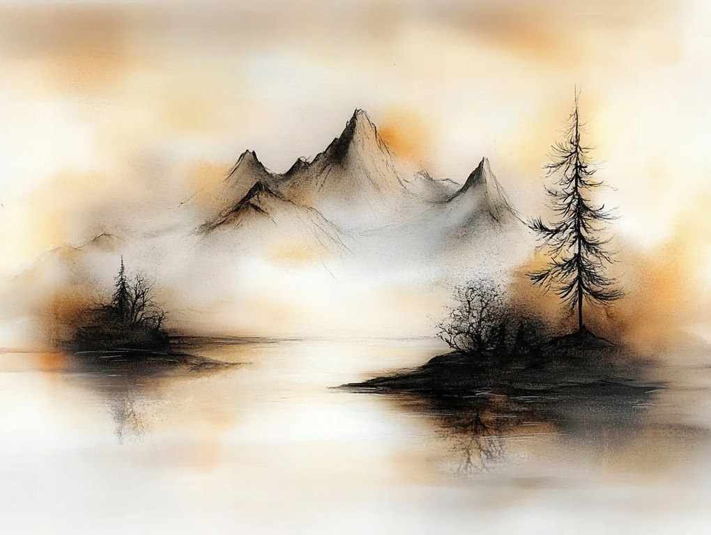 Vászonkép Canvas Grafika Tájkép Hegyek Tó Sziget Fa 100x75