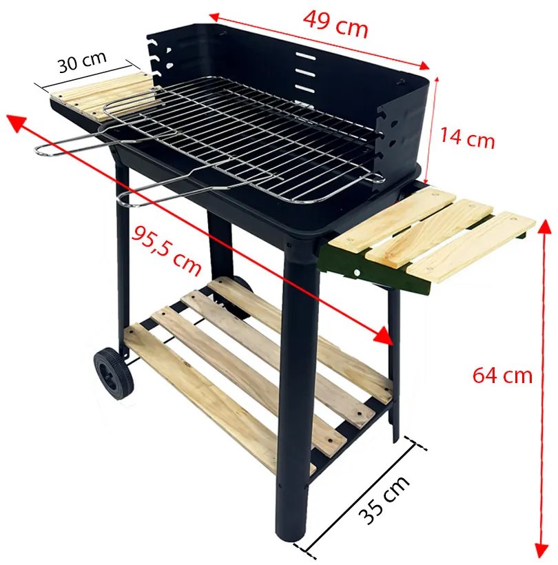 Téglalap alakú görgős faszenes grill