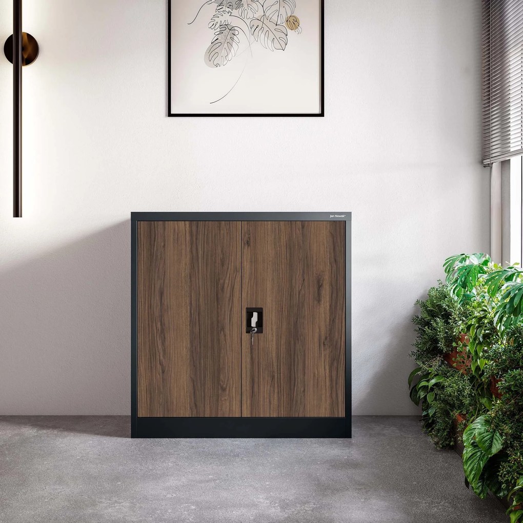 Alacsony fém irattartó szekrény BEATA, 900 x 930 x 400 mm, Eco Design: antracit/ dió