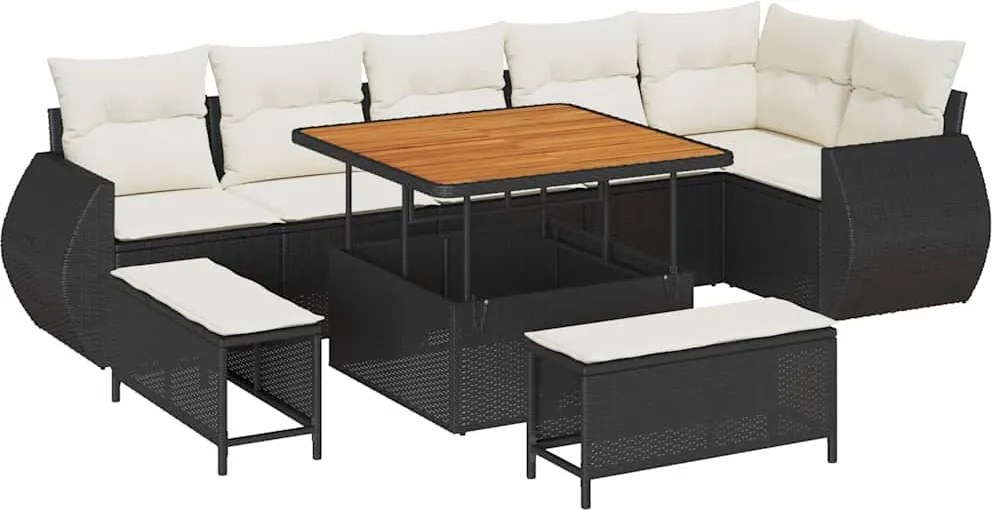 vidaXL Kerti Kanapé Szett párnával 9 pcs Fekete és Krém Poly Rattan
