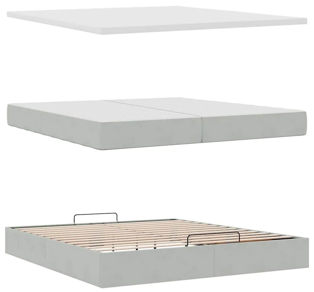 Ottomán ágykeret matracokkal világosszürke 200x200cm bársony