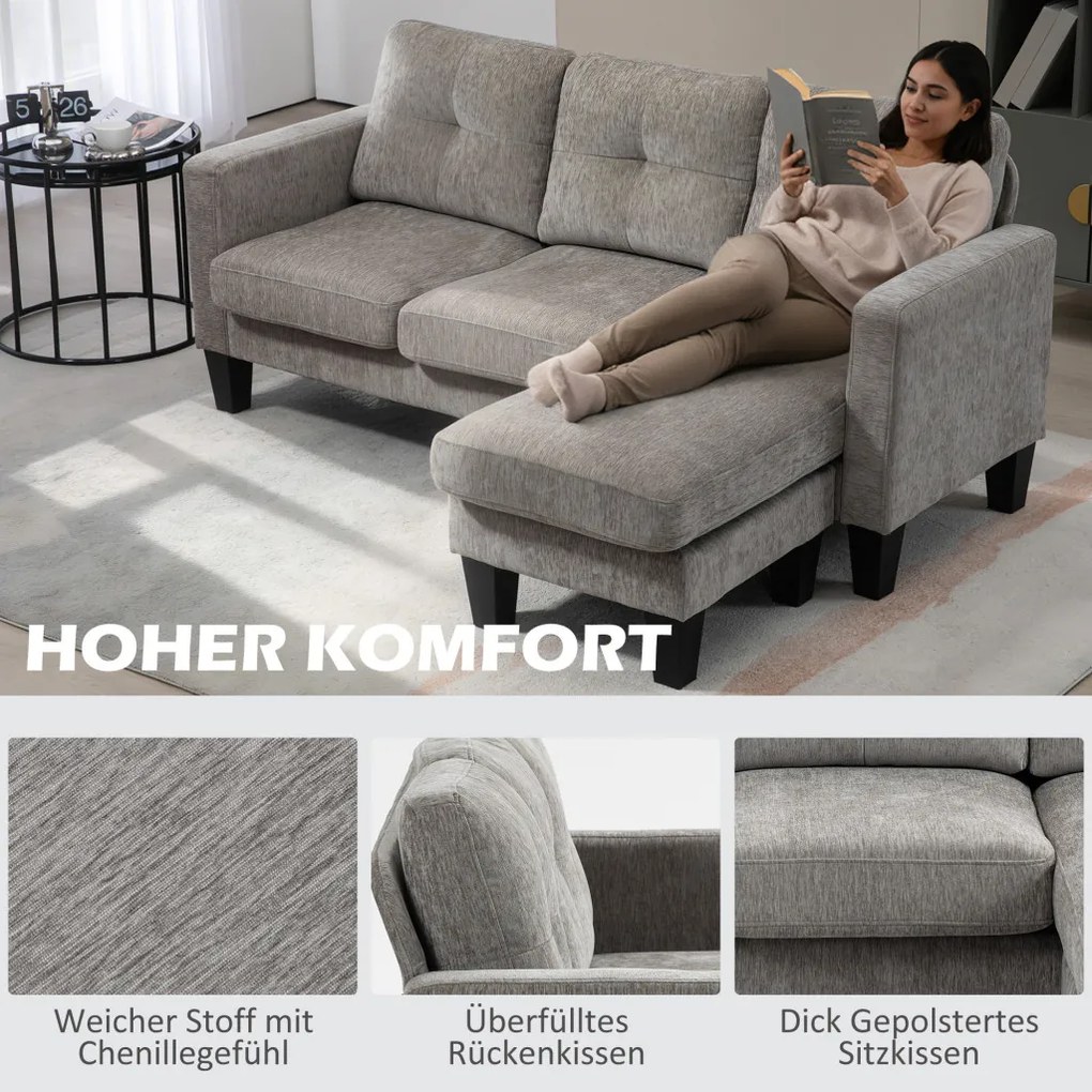HOMCOM Sarokkanapé, Sarokkanapé Megfordítható heverővel, L alakú kanapé, Vászonhatású kárpitozás, szürke