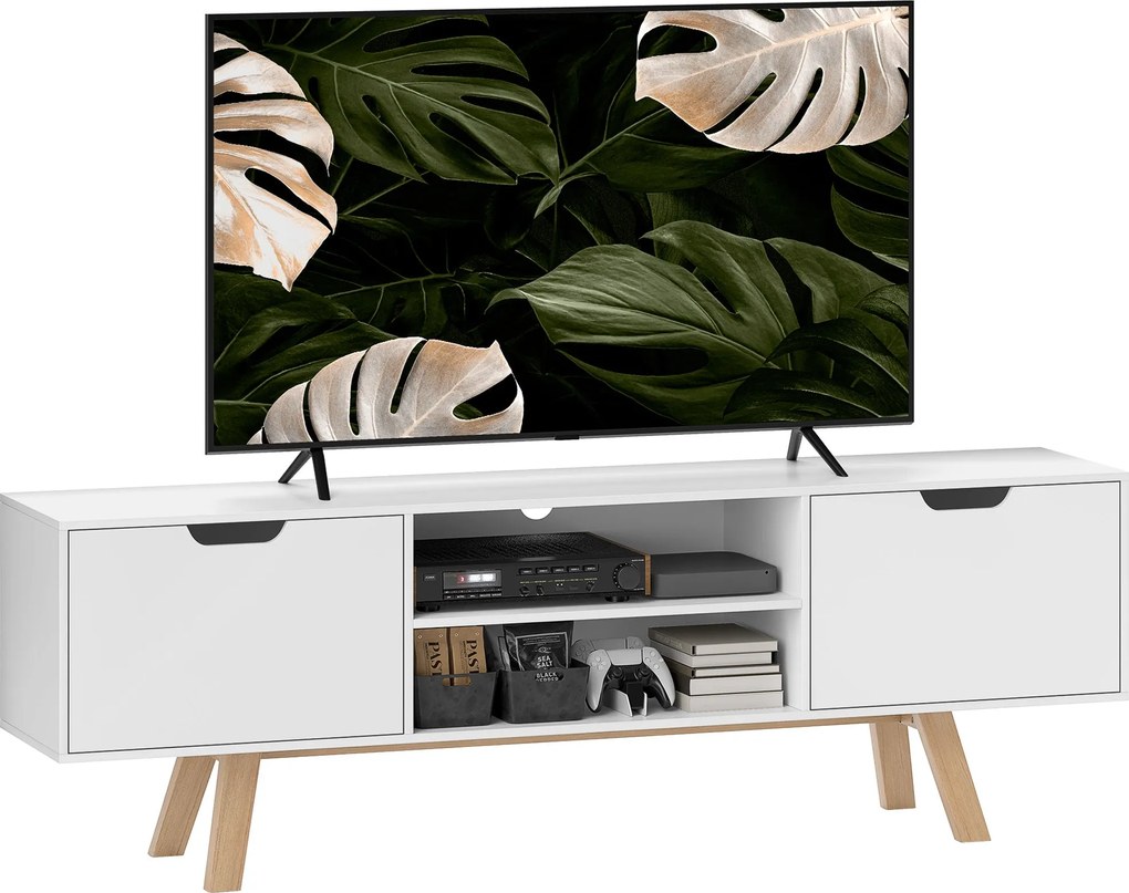 HOMCOM TV szekrény, TV állvány 65 hüvelykig, alacsony bútor 2 szekrénnyel és 2 polccal, TV szekrény nappaliba, 150 x 39 x 50 cm Fehér | Aosom