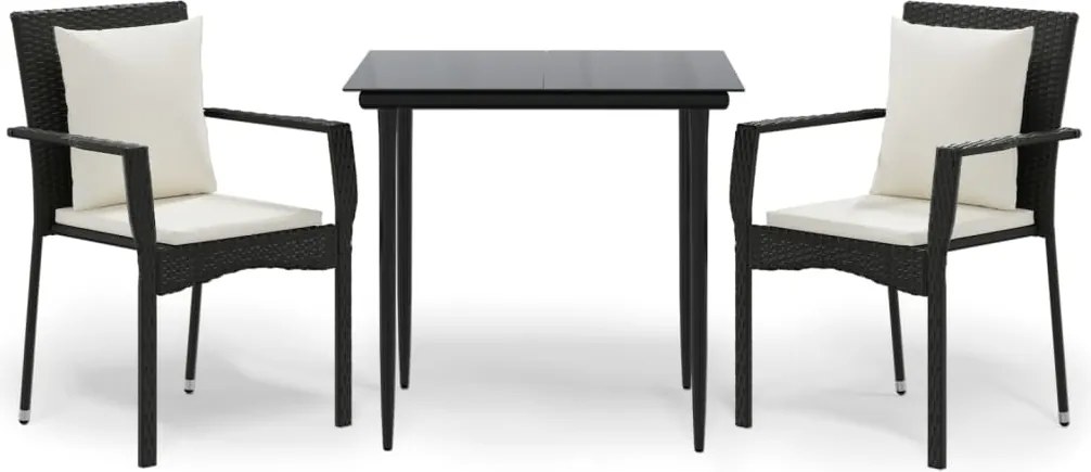 vidaXL 3 részes fekete polyrattan kerti étkezőgarnitúra párnákkal