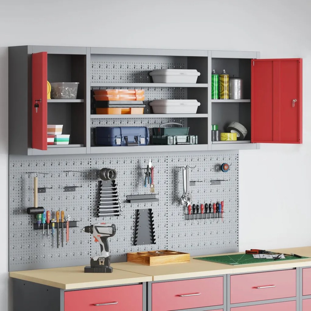 6 darabos szerszám szekrény és falra szerelhető pegboard készlet piros fém