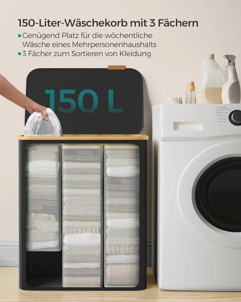 szennyeskosár fedéllel – 3 rekeszes ruhagyűjtő, 150 l űrtartalommal fekete színben