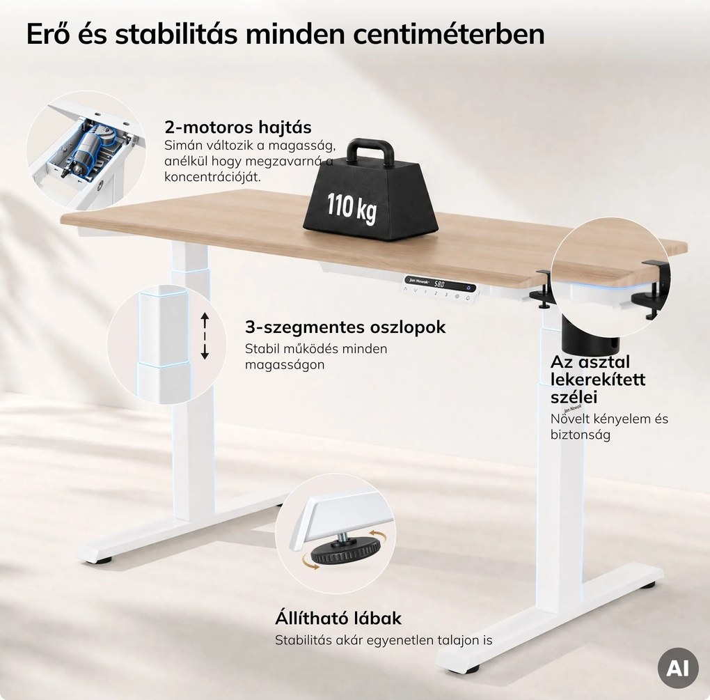 Elektromos, állítható magasságú, ergonomikus, fehér/sonoma tölgy íróasztal,1200x600 mm: ARIA