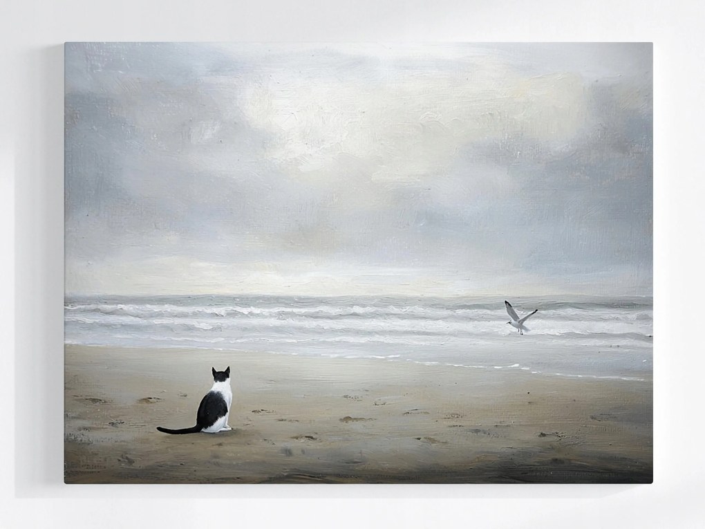 Poszter Tájkép Tenger Tengerpart Hullámok Macska Sirály Szürke 80x60