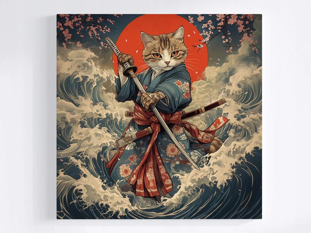 Vászonkép Canvas Japán Ázsia Szamuráj Harcos Kard Macska 80x80