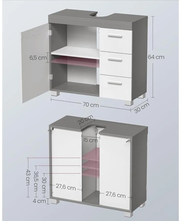 Mosdó alatti szekrény, fürdőszobai szekrény 30 × 70 × 64 cm，fehér–szürke
