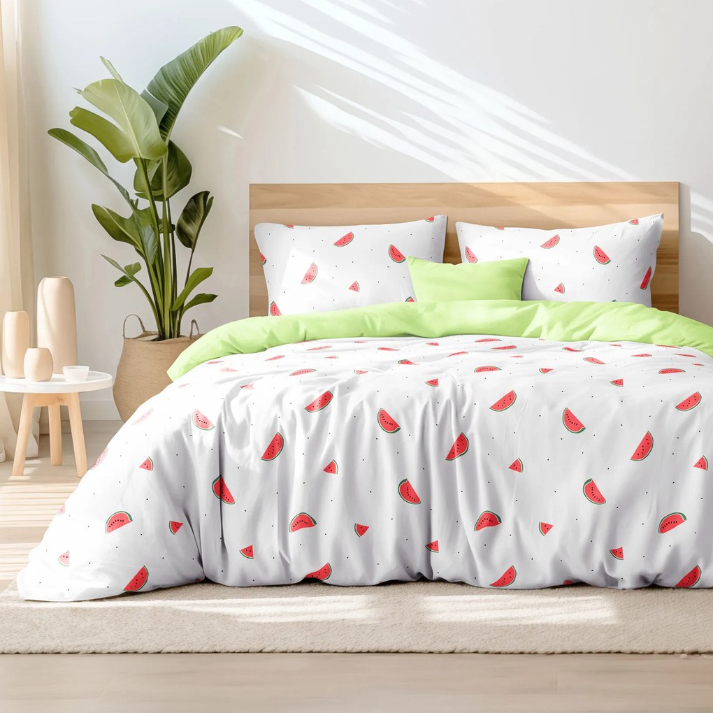 Goldea pamut ágyneműhuzat duo - görögdinnyék, világoszöld hátoldal 200 x 200 és 2db 70 x 90 cm