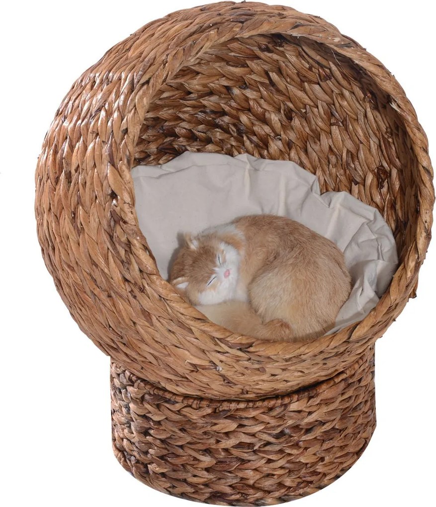 PawHut Rattan Macskaágy - Macskaodú - Macskakunyhó - Macskaágy Párnával - Vízililiom Barna 50 x 42 x 60 cm | Aosom
