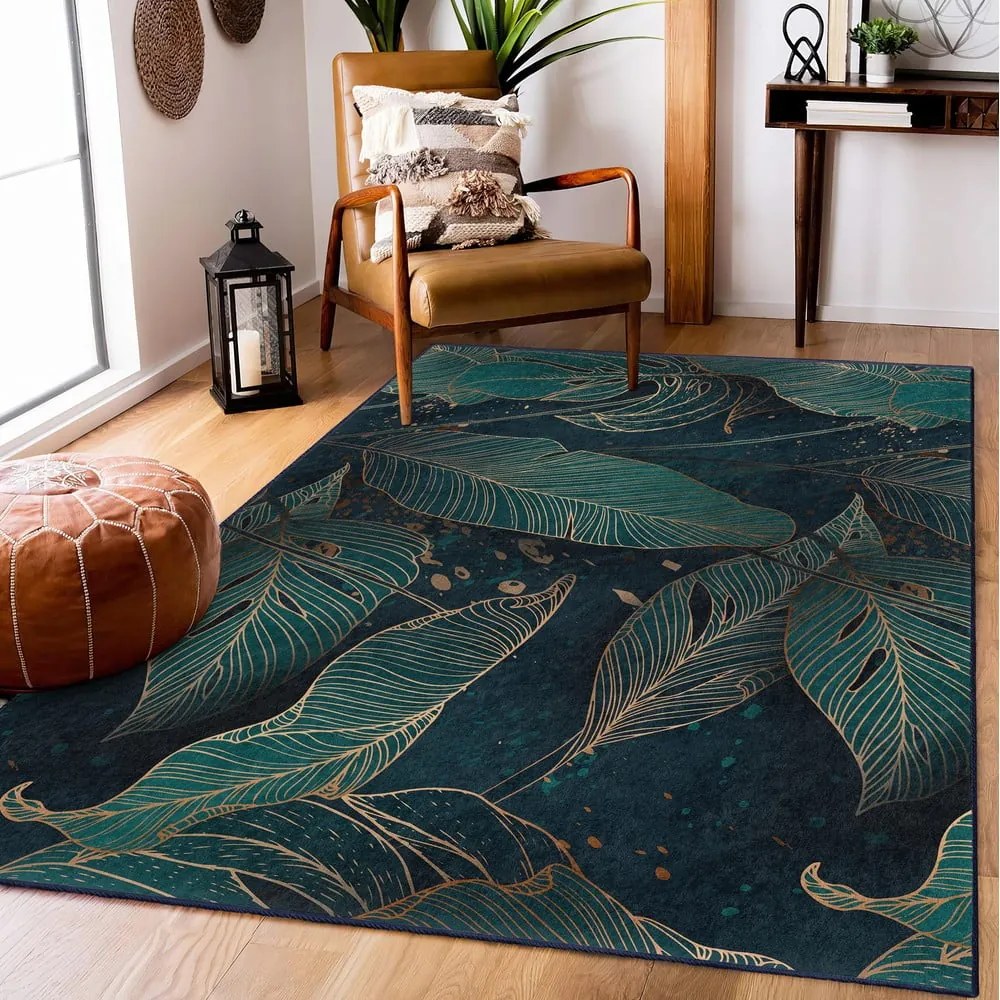 Petróleum színű mosható futószőnyeg 80x200 cm Midnight Jungle – Mila Home