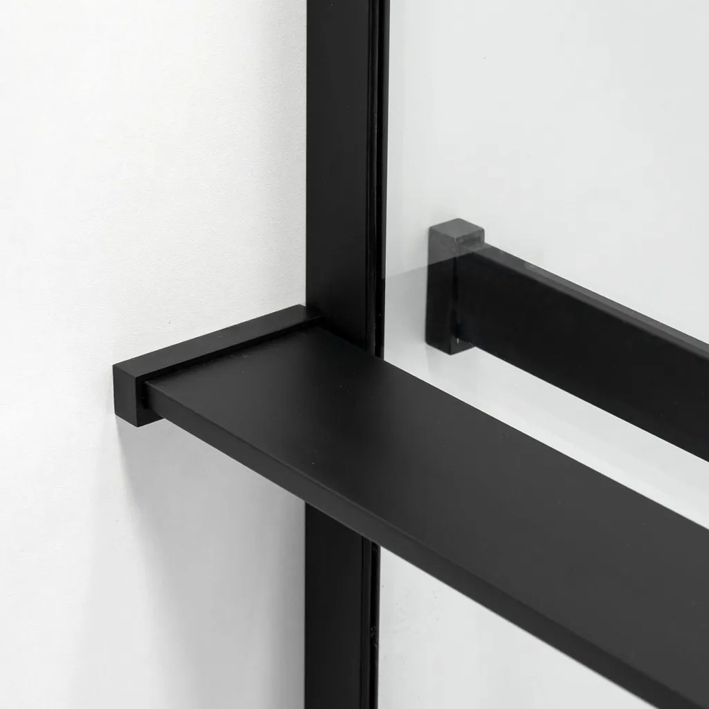 Stuxi Milano Gate Black Plus 1 falsíkra szerelhető, két oldalfalas walk-in zuhanyfal, 140x140 cm, 8 mm vastag vízlepergető biztonsági üveggel, helytakarékos sarokmerevítőkkel