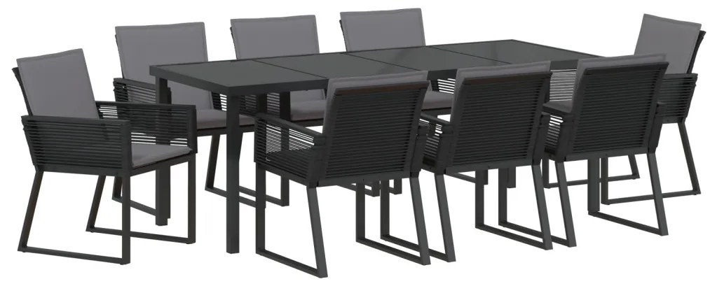 9 darabos Kerti Étkező Szett Párnákkal Fekete Poli Rattan
