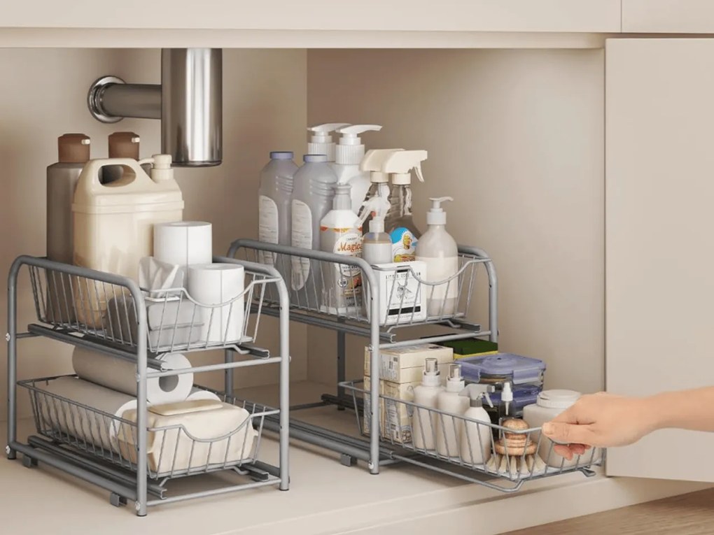 Tároló állvány SOLIDO kihúzható kosarakkal, egymásra rakható, szürke