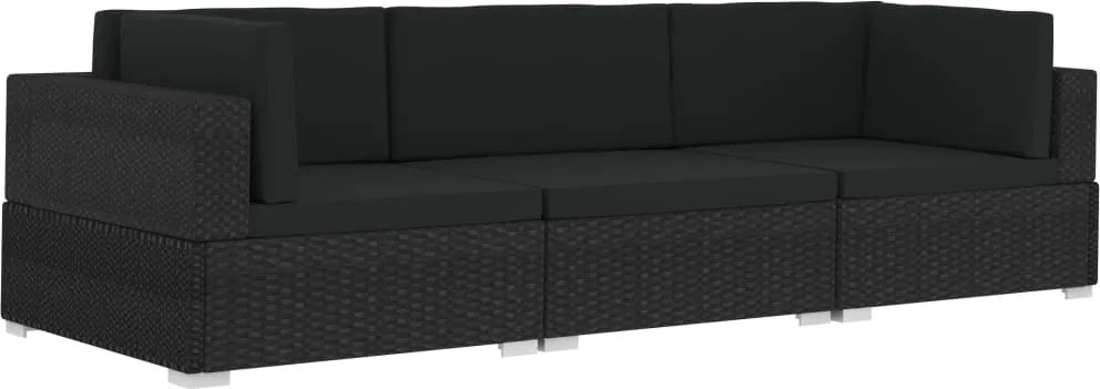 vidaXL 3 darabos fekete polyrattan kerti kanapészett párnákkal