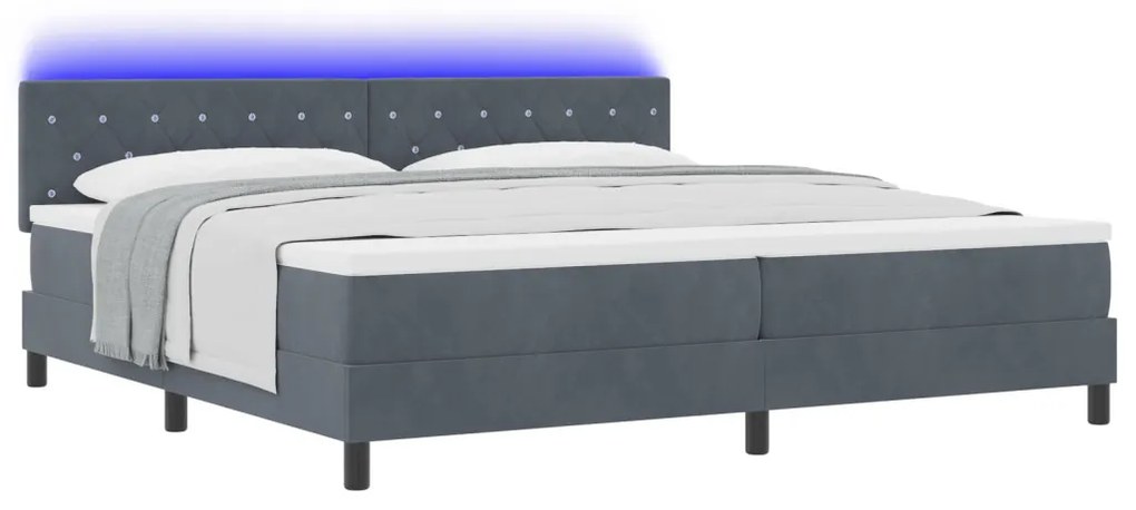 Boxspring Ágy Mattal és LED Világítással Sötét Szürke 200x200 cm Bársony