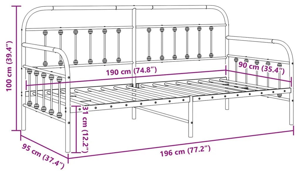Nappali ágykeret fejtámlával Fehér 90 x 190 cm Acél