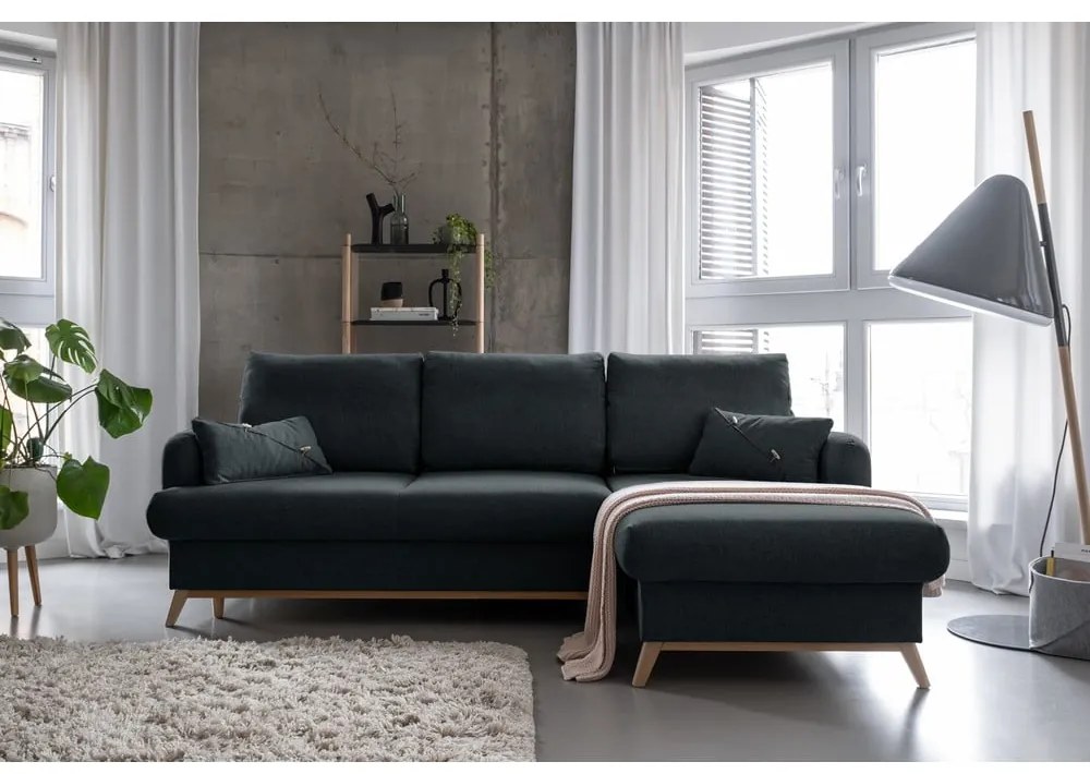 Sötétszürke kinyitható-tárolóhelyes sarokkanapé (jobb oldali-heverő résszel) Scandic Lagom – Miuform