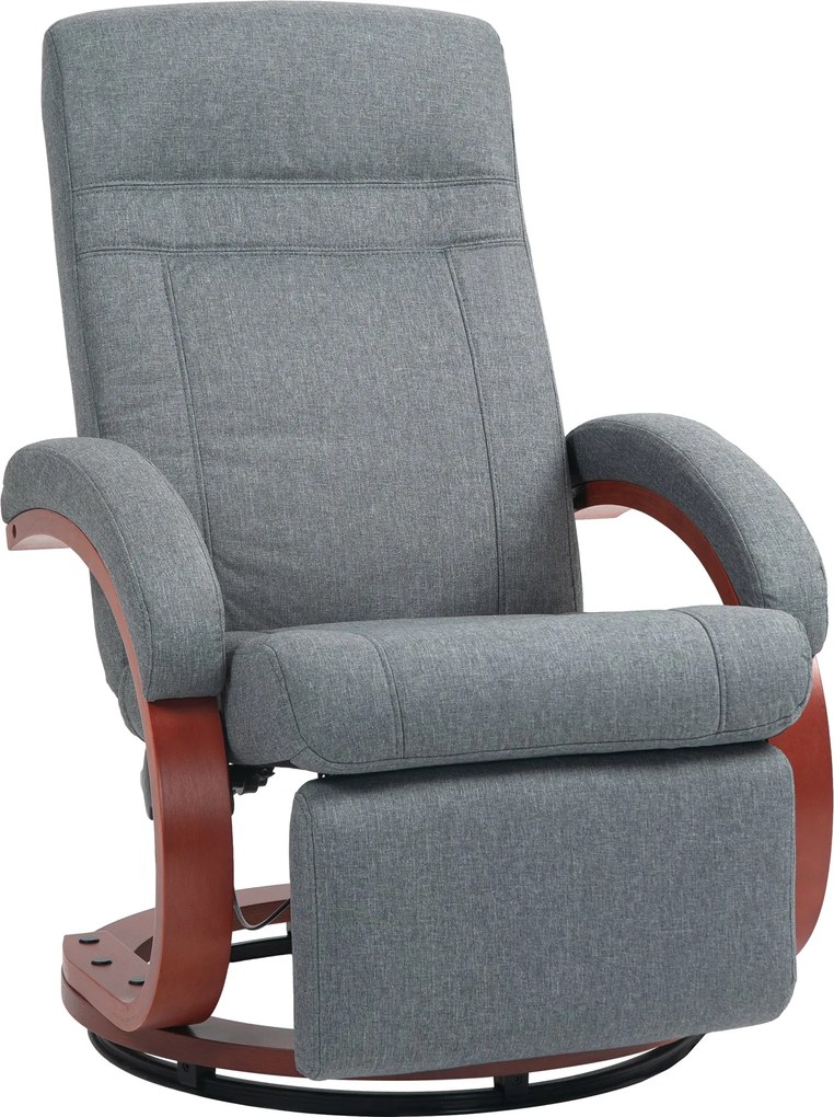 HOMCOM Dönthető Fotel TV Fotel Lábpihenővel, Fa Karfával, Forgatható Recliner Szék Állítható Háttámlával, Dönthető Fotel, Szövet, Szürke | Aosom