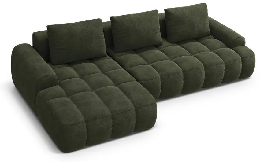 Zöld bársony kinyitható-tárolóhelyes sarokkanapé (bal oldali-heverő résszel) Linz – Cosmopolitan Design