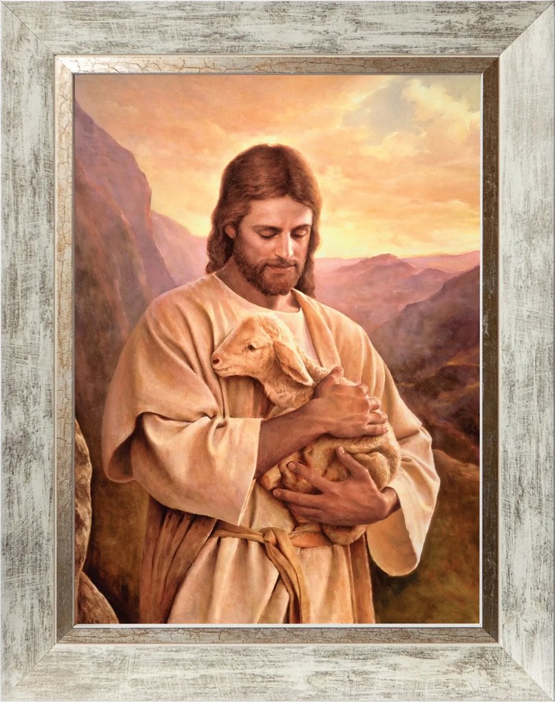 Jézus, A Jó Pásztor Vászonkép Fehér Díszkeretben 30X40
