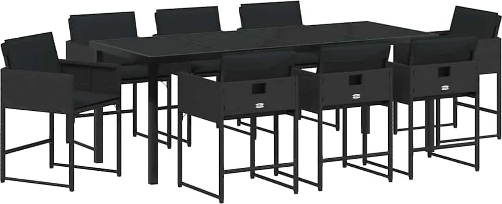 vidaXL Kert étkező szett párnával 9 pcs Fekete polirattan