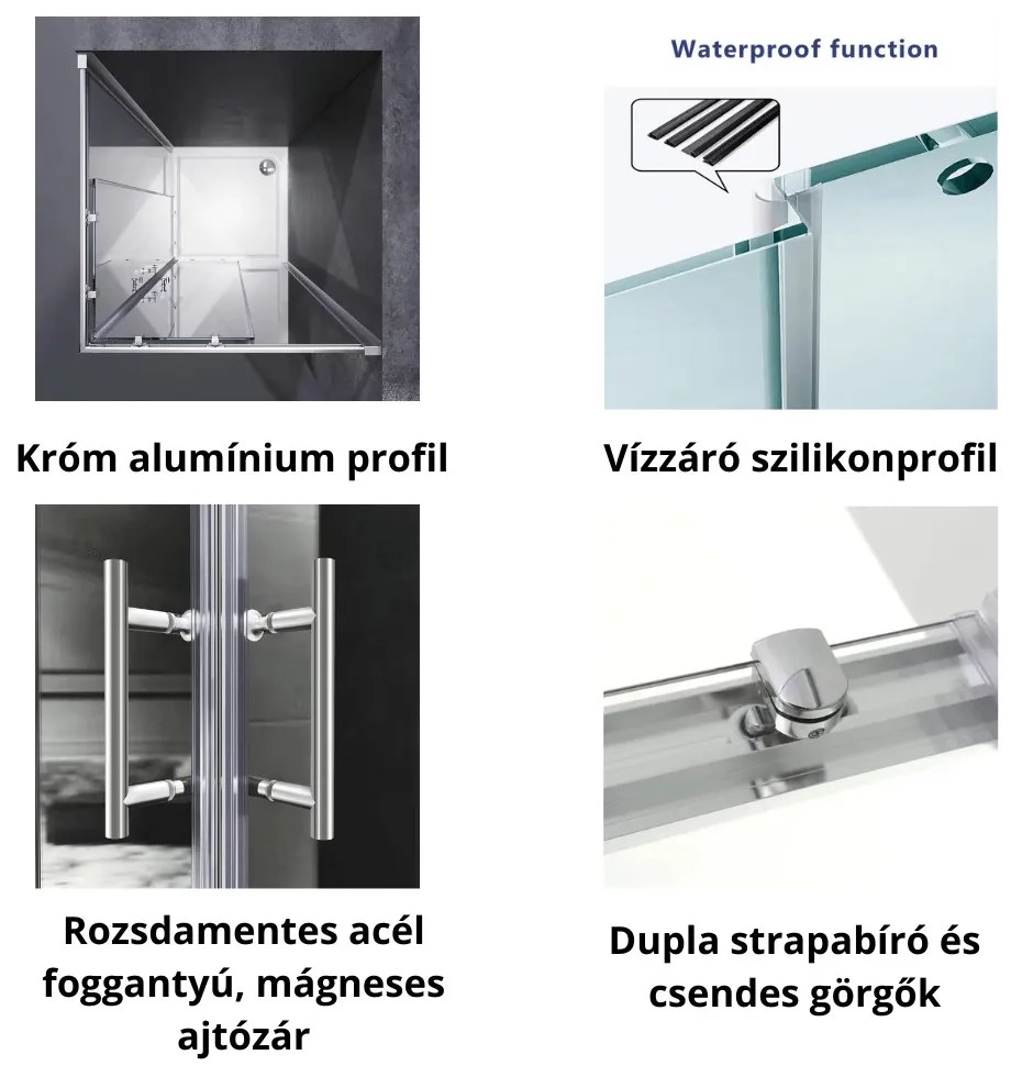 Stuxi Delhi 90x90 cm szögletes két tolóajtós zuhanykabin 6 mm vízlepergető biztonsági üveggel, króm elemekkel, 190 cm magas