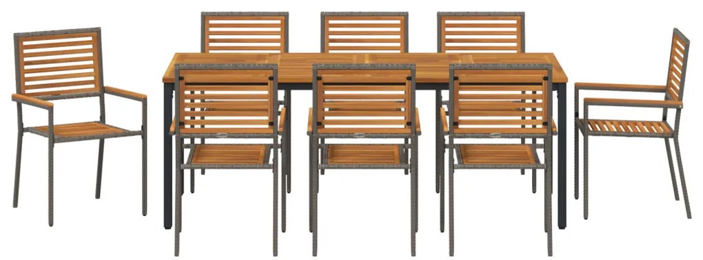 9 Darabos Kerti Étkező Szett Szürke Polirattan Tömör Akáccal, Egymásra Rakható Kerti Székek Párnákkal 2 db Szürke Polirattannal, Kerti Asztal 200x90x75 cm Tömör Akácfa és Fém