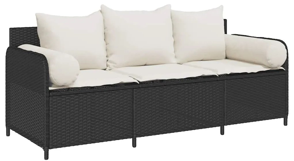 Fekete 3 személyes polyrattan kerti kanapé párnákkal