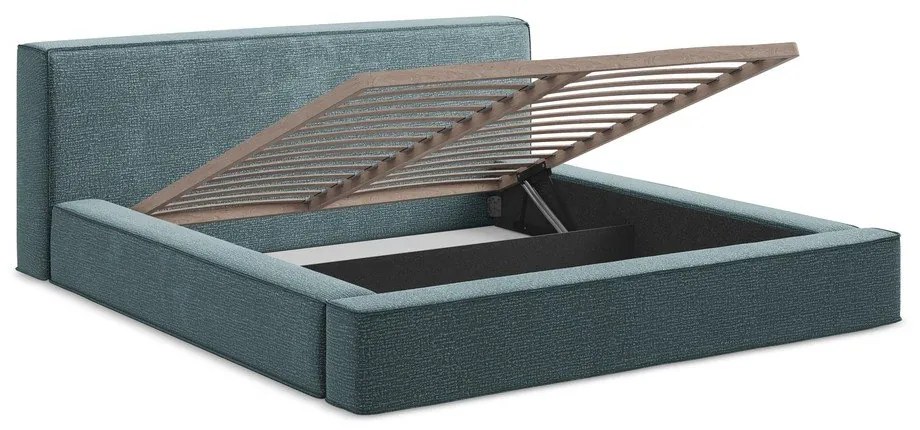 Kék kárpitozott ágyneműtartós franciaágy ágyráccsal 160x200 cm Noho – Makamii