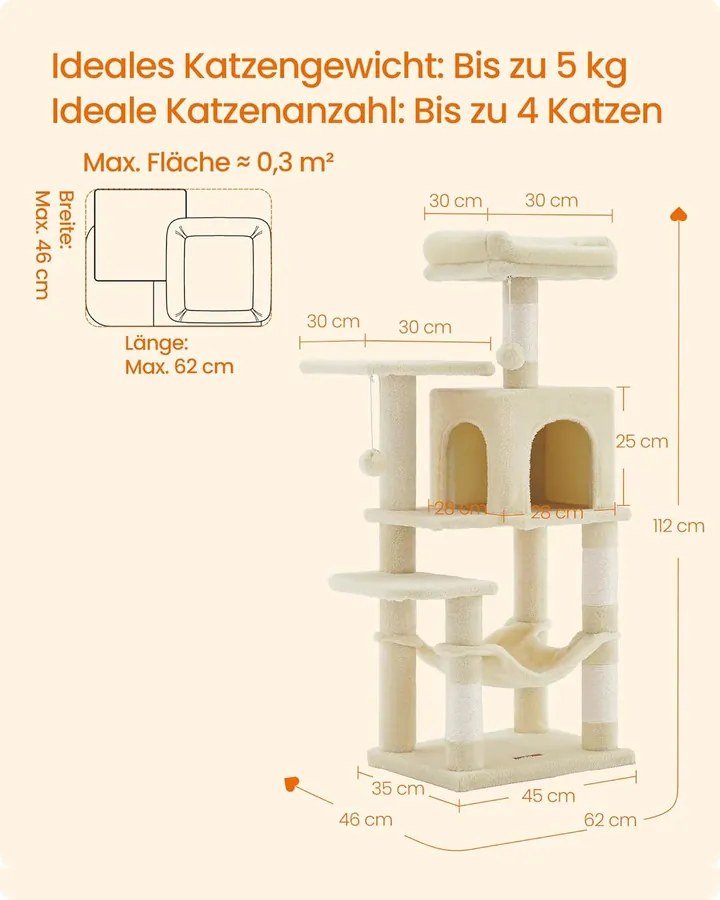 Macskakaparó Torony, 112 cm magas, Többszintes macskaház, Bézs