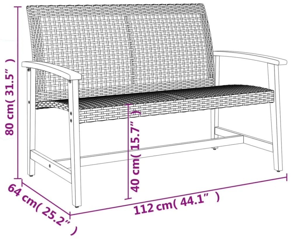 bézs polyrattan és akácfa kerti pad 112 cm