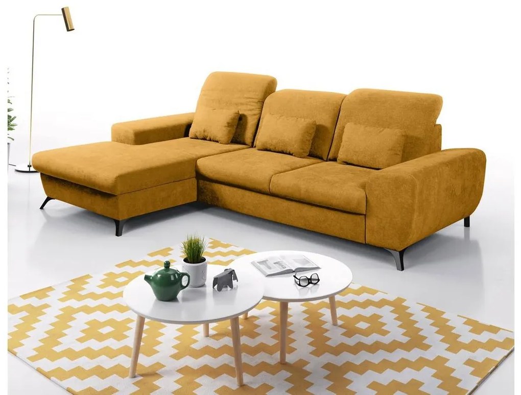 Kihúzható, balos L-alakú kárpitozott sarokkanapé tárolóhellyel ALTA, sárga