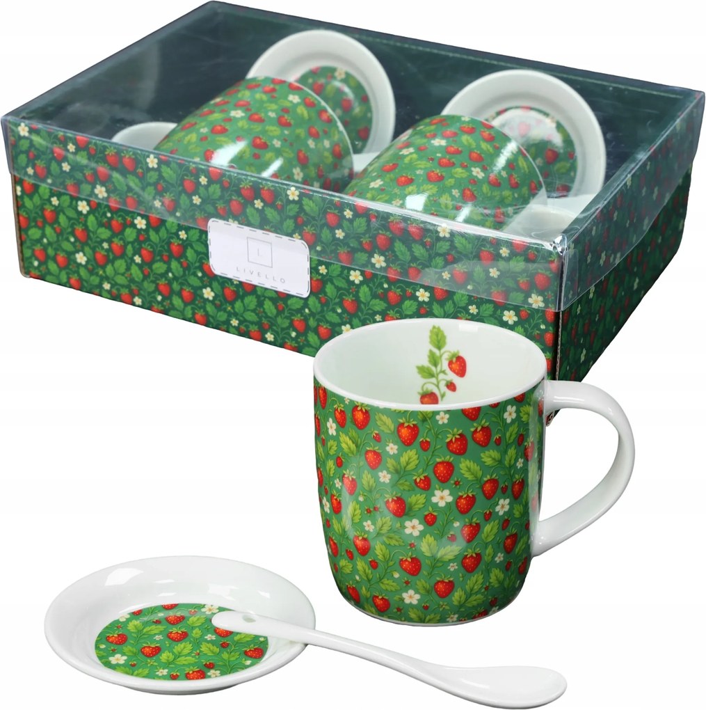 2 db-os porcelán bögre szett ajándék 340ml Livello csészealj eper kanál