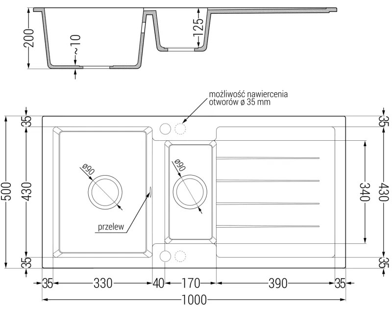 Mexen Andres, gránit mosogató 1000x500x200 mm, 1,5 kamrás, fekete, fekete szifonnal és arany Rita mosogató csaptelep, 6515-77-670300-50-B