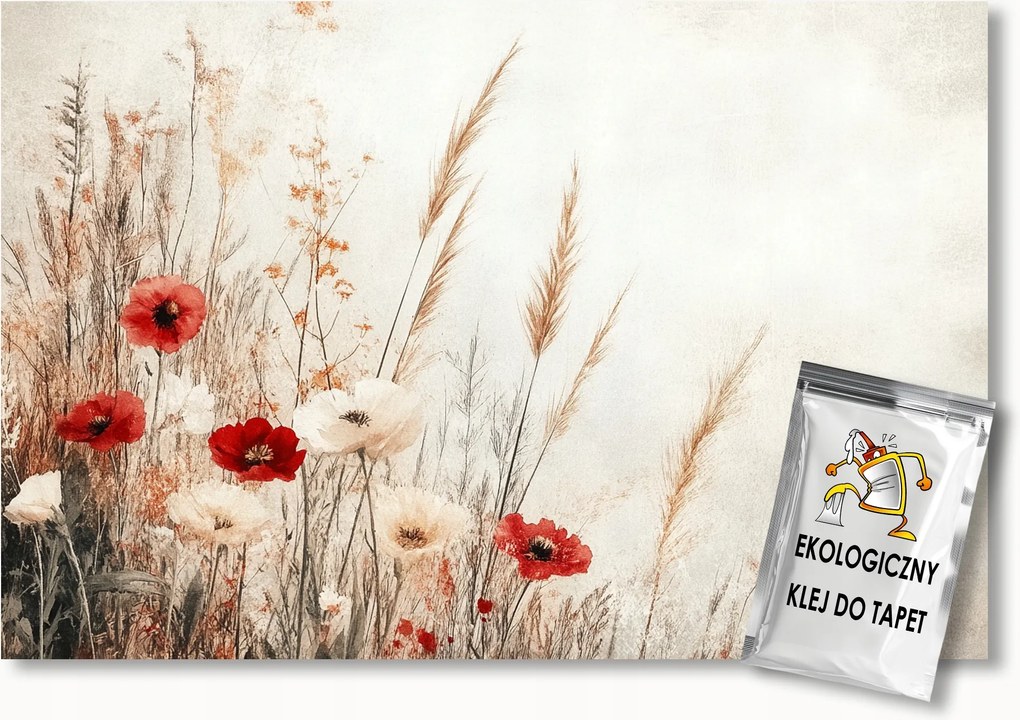 Fotótapéta Flizelina Természet Bézs Rét Mező Virágok Pipacsok Fű 200x140 ragasztó