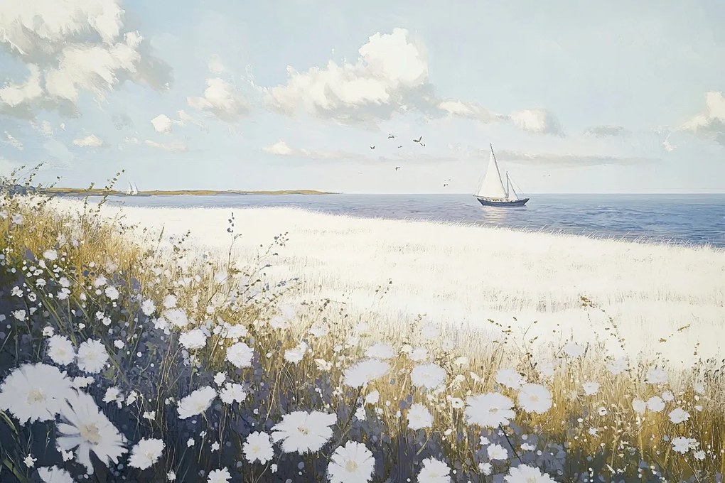 Vászonkép Canvas Tájkép Tengerpart Rét Virágok Tenger Csónak 60x40