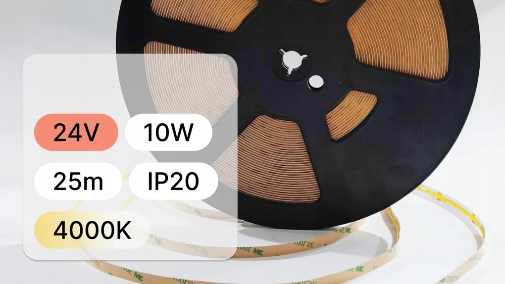Led szalag Cob 24V 10W/m 320LED/m IP20 4000K CRI>90 – 25mb, fényvonal