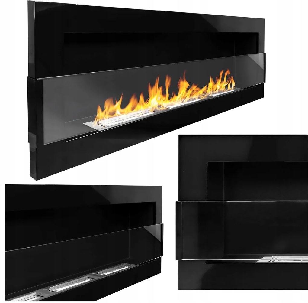 Függő Biokandalló Üveggel 1200X400 MM Fekete Fényes Bioüzemanyag