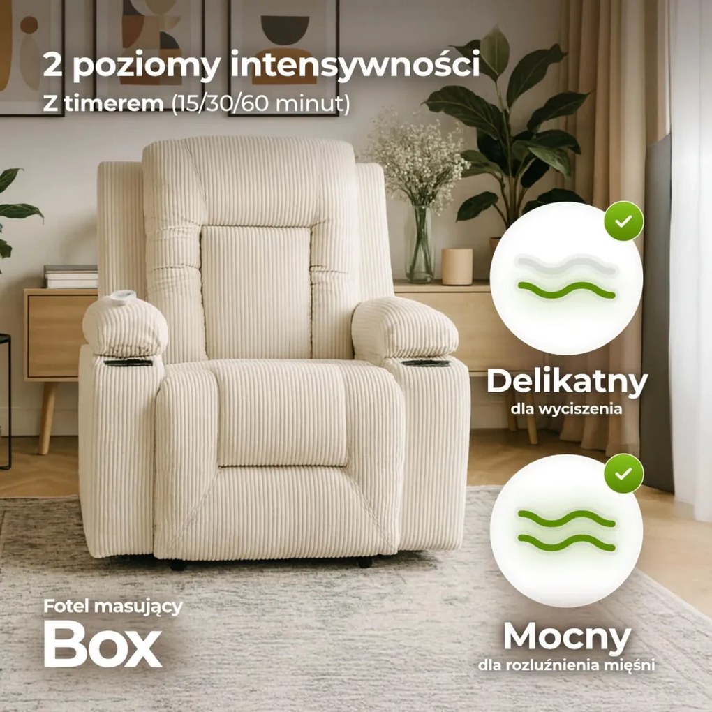 Fotel Rozkładany Masujący BOX Beżowy Sztruksowy