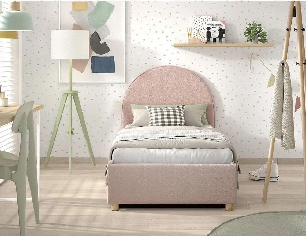 Rózsaszín kárpitozott ágyneműtartós egyszemélyes ágy ágyráccsal 90x200 cm Moon – Vipack