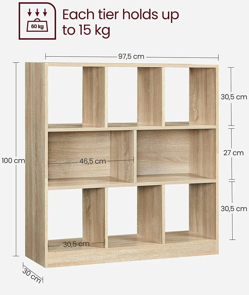 Könyvespolc, térelválasztó polc, 97,5 x 100 x 30 cm tölgy szín
