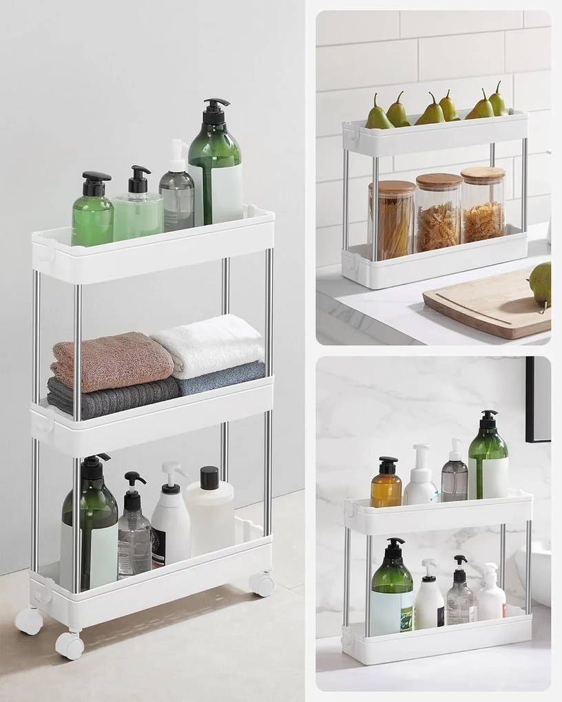 Tárolókocsi, guruló polc, 3 szintes, helytakarékos, fürdőszobába, konyhába, irodába, 40 x 12,5 x 60 cm, fehér